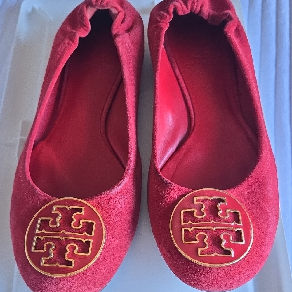 Tory Burch Red Suede Flats with Gold Logo